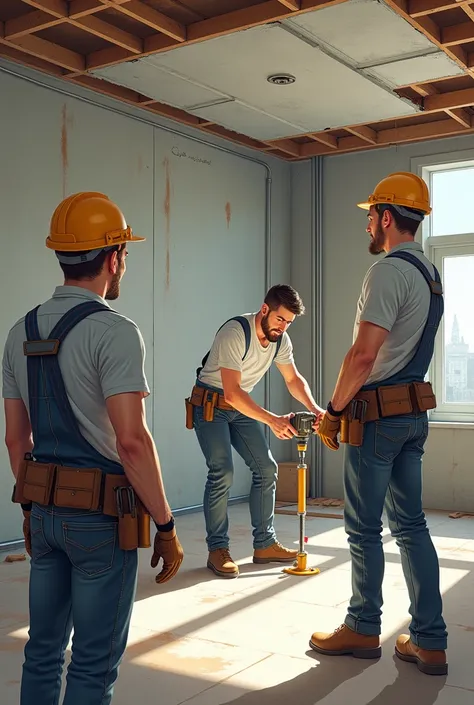 Male worker drilling through the ceiling and another male worker preparing the ceiling and another man watching