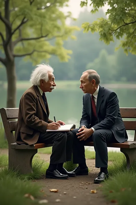 Albert Einstein sitting on a bench with Putin 