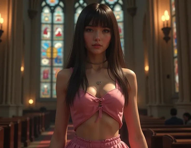  realistic, masterpiece,  Intricate Details,  Detailed Background,  depth of field  , tekken 8 Emilie de Rochefort ,  long straight hair, Lolita-style miniskirt(pink),  Cathedral Stained Glass Background , Cinematic, candle,