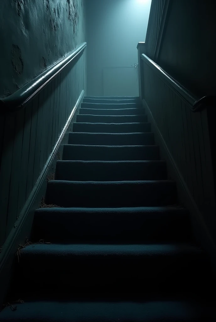 Hyper realistic, creepy dark stairs leading up in house, creepy dark, night time, house is dark, scary, stairs are super clean, stairs are carpet