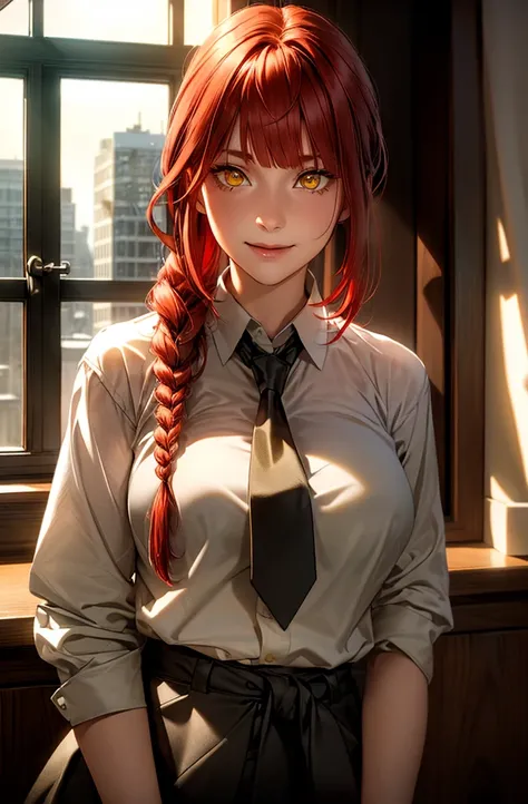 masterpiece, (photorealistic:1.4), best quality, beautiful lighting,

, makima (chainsaw man), (red hair)+(long braided hair)+(bangs), yellow eyes, golden eyes, (ringed eyes), (white shirt), (necktie), 
1girl, waist shot, in a study room with a window in t...