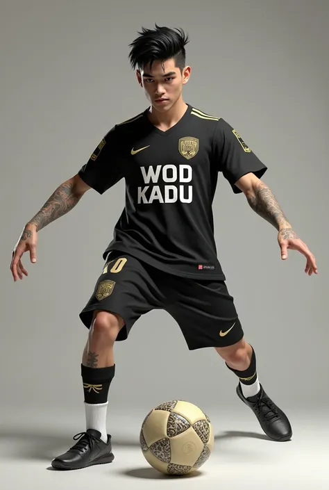 A realistic 3D male Free Feri character playing ball with the black jersey go white with the name WOD KADU on the shirt black hair tattoo on the neck cut on the eyebrow beautiful eyes well-defined mouth 