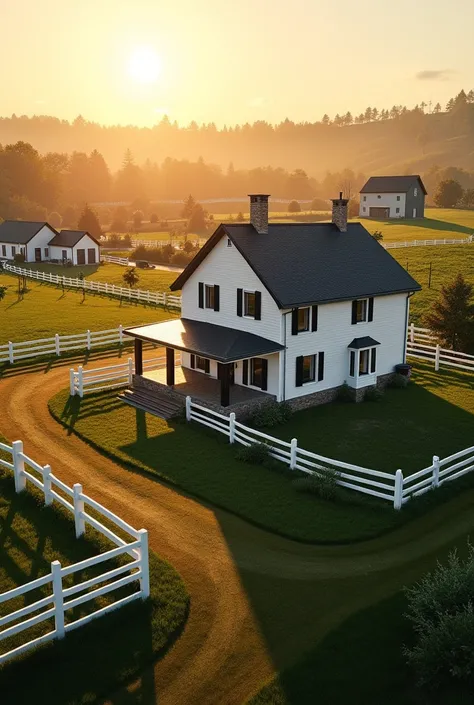 A scenic rural neighborhood at sunrise featuring a modern farmhouse on a spacious 4-hectare hobby farms. The central focus is a white farmhouse with black shutters, a wrap-around porch, and a well-kept lawn. The view is zoomed out, showcasing multiple neig...