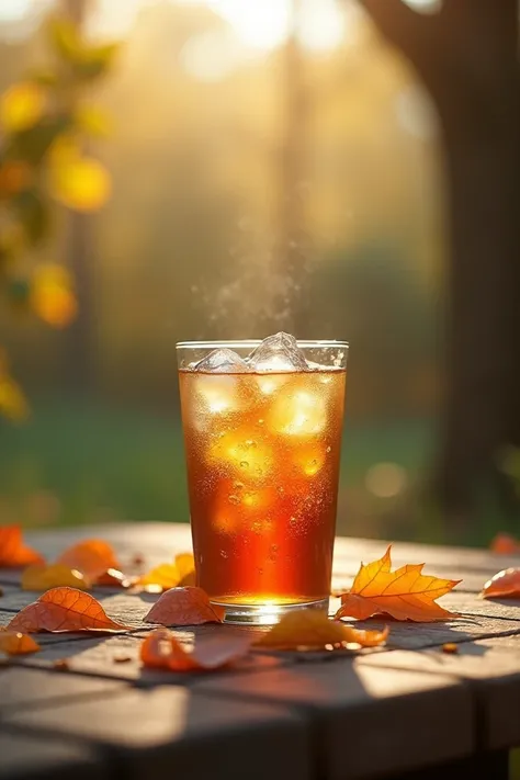 A plastic cup of iced tea sits among the scattered leaves, on the table, in the morning