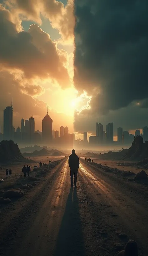 A dramatic and symbolic scene representing uncertainty about the future of humanity. The image presents a vast dark landscape divided into two contrasting halves. On one side, a bright dawn illuminates a prosperous and peaceful city, with people walking fr...