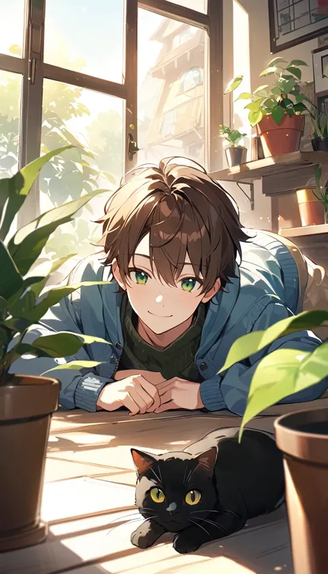 anime boy, teenager, attractive, Brown hair, pale_skin,_knit_sweater, loose_jacket, green_eyes, smiling, inside house, houseplants in background, daylight, lying on stomach, black_cat 