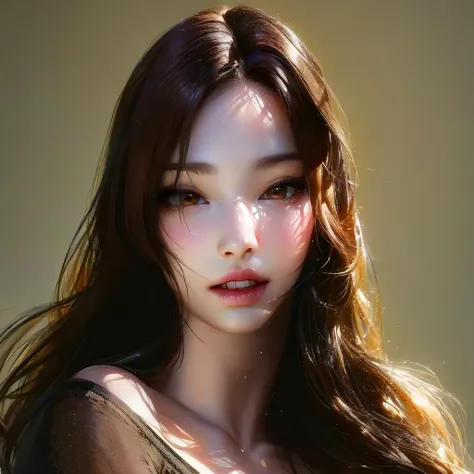 Best quality, masterpiece, ultra high res, (photorealistic:1.4), raw photo,1girl, solo, realistic, lips, looking at viewer, teeth, long hair, parted lips, nose, upper body, brown hair, simple background, brown eyes, black dress,  