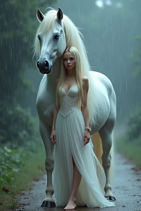 A white horse with blue eyes and a female human body with blond hair greeted in the rain 