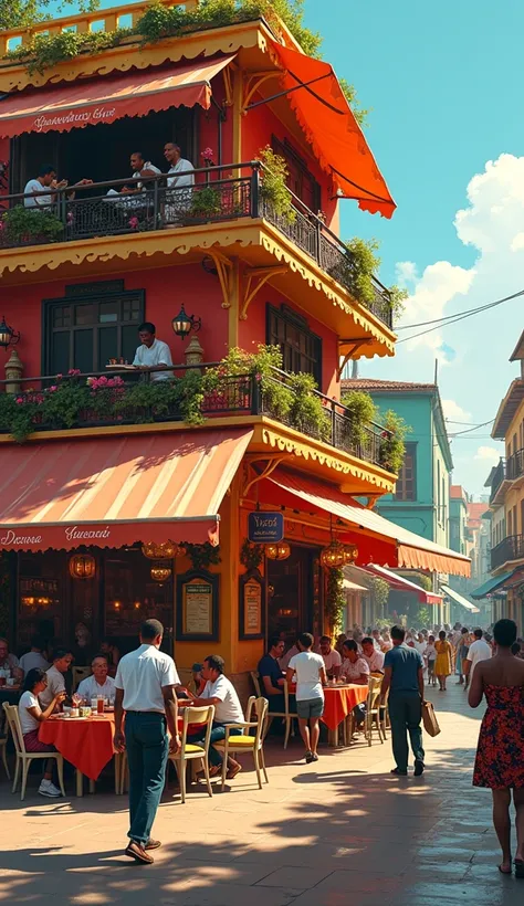 Shows a large restaurant on a street in Cotonou, Benin with several people eating.