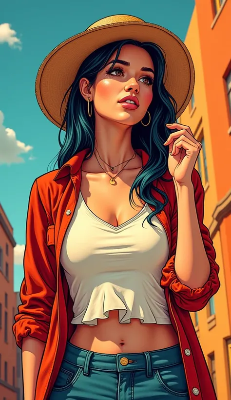 DISCREET image. with discreet casual clothes. image adult woman, american, comic book style. DISTRACTED. with a discreet smile. She is a Libra sign, IMAGES WITH VIBRANT COLORS.