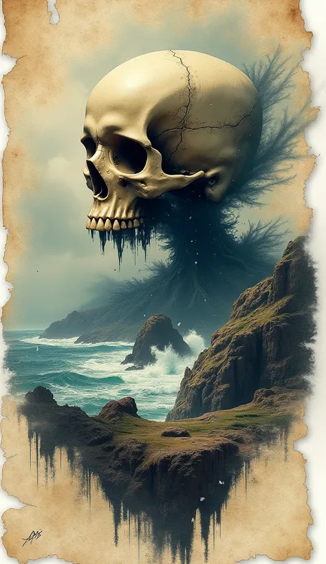 Conceptual art. Double exposure collage. Vignette. Color sketch. Sticker. 16K. UHD. high quality, photorealism. Thematic background. Skull Island. Old map. Rocky coast. Storm. Storm. Aivazovskys style. Stunning full color design, sharp focus, intricate det...