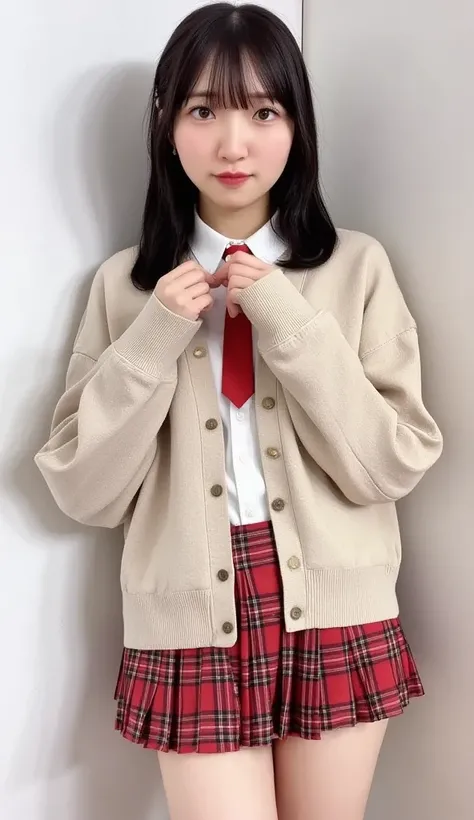  making a heart shape with both hands ,(((8k、 high definition 、 best quality、 high definition )))Alone、Natural body shape、 white skin、  natural makeup、 black hair、bangs、Straight hair 、、((High School Uniform)) 、(( Beige Cardigan 、 White Collared Long Sleeve...