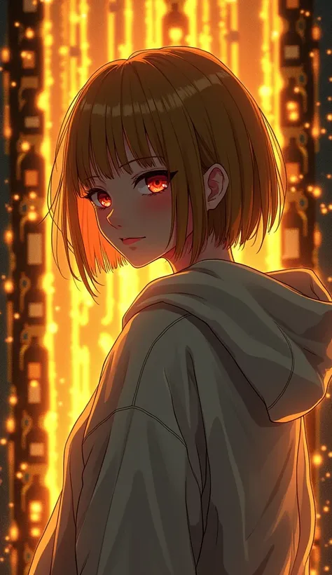  Anime 2d art : bob haircut, женщина from behind, from behind, красивая женщина блондинка со стрижкой каре turned around,dark red eyes deep red inside ,transparent tears, straight golden hair cut under the square, white oversized hoodie , white high boots ...