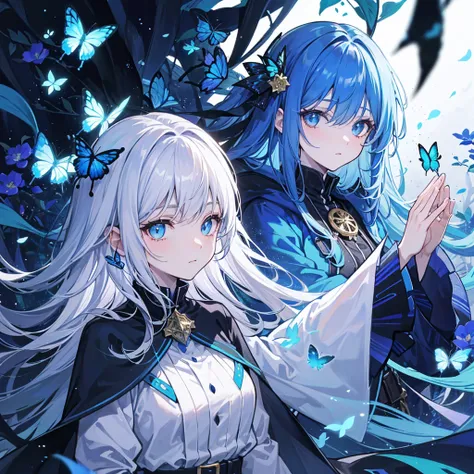 The image depicts an anime-style character with long, flowing blue hair adorned with a black butterfly hairpin. The character is wearing a detailed outfit with a mix of blue, white, and black colors, featuring floral patterns and a white belt with a gold b...