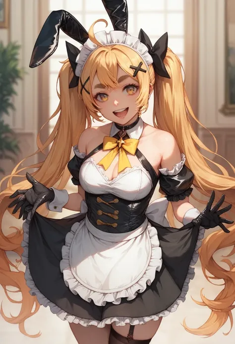 masterpiece,  best quality,  high definition , Atomic Belly , Long Hair, Ahoge,  twin tails,  hair bow , Multicolored Hair, Bunny ears,  maid headdress,   x hair ornament ,  thick eyebrows,  choker, criss-cross halter, Yellow tie,  bare shoulders,  Black G...