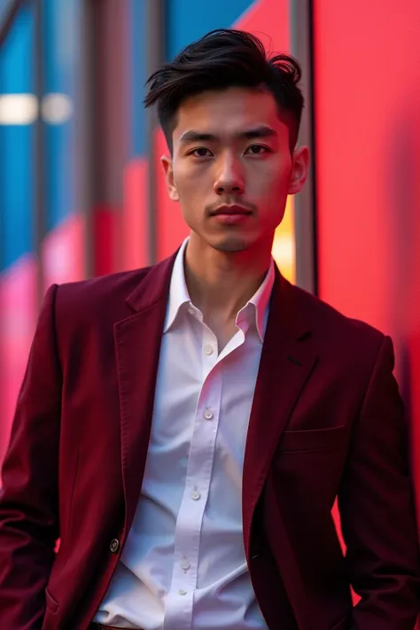 28 year young man with marron blazer and white shirt with red &blue background