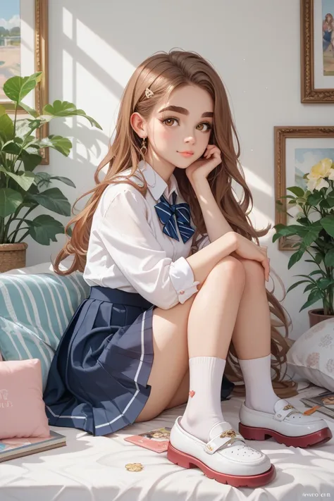 Help me create a little image of a heroine in a novel.
cute appearance, 
White high school student dress, navy skirt, no bow
Love brows Brown eyes Reddish brown long hair
White, white
Take it as a strip picture of a teenage fiction cover  (Full body) 