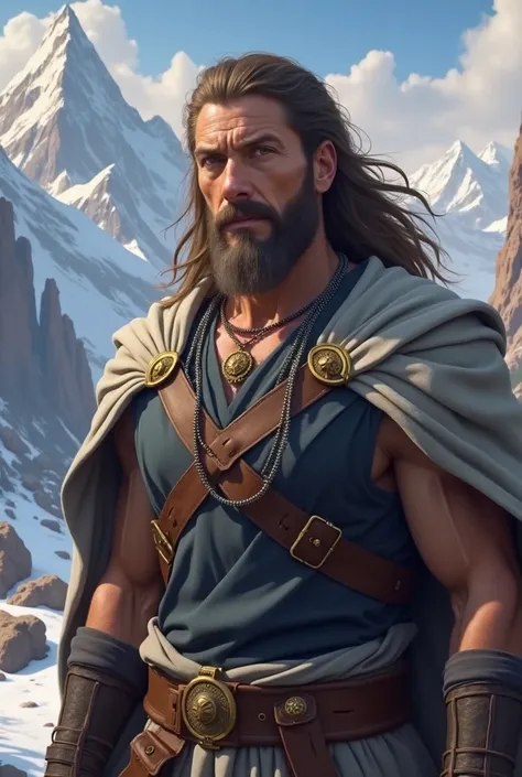 Digital artwork featuring a rugged, bearded man with long, flowing hair set against a dramatic mountainous landscape. The man has a strong jawline, piercing eyes, and a weathered complexion, suggesting a life of adventure. He wears a dark tunic with intric...