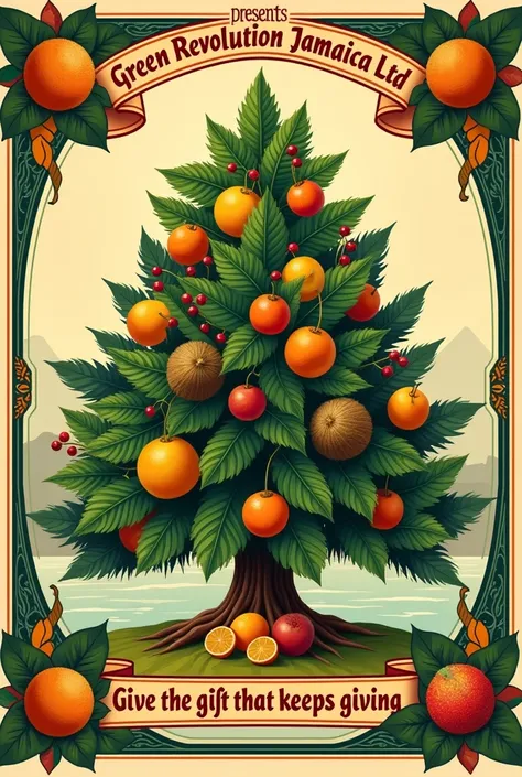 Create a vintage art nouveau style advertisement poster with a tropical Christmas theme featuring tropical fruit trees and fruit like orange,mango, lemon, jackfruit and coconut. The poster has 2 banners one at the top stating "Green Revolution Jamaica Ltd ...