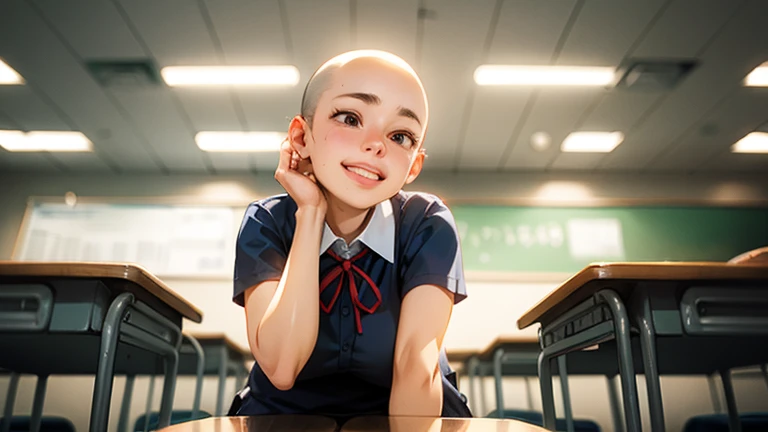 A shaved-head schoolgirl sitting in a classroom, surrounded by laughing classmates gently touching her head, evoking a mix of humor and camaraderie. The classroom is brightly lit, with desks, chairs, and a chalkboard in the background. The girl looks sligh...