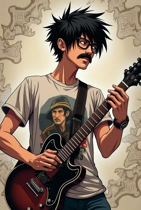 ( a man, a whole manga drawing pattern, My hair is very short.,  black square glasses , Rock Shirt , Brown eyes,  Caucasian ,  very short black mustache , Very small nose , Play the guitar)