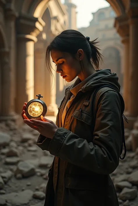 Imagine a backlit portrait of a female time traveler, looking at a futuristic pocket watch, standing in front of an ancient, crumbling ruin