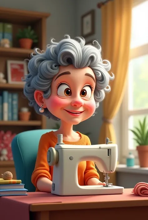  Create a Disney cartoon style caricature , of a 60-year-old woman ,  very short and curly hair ,  using a sewing machine in a relaxed modern setting.