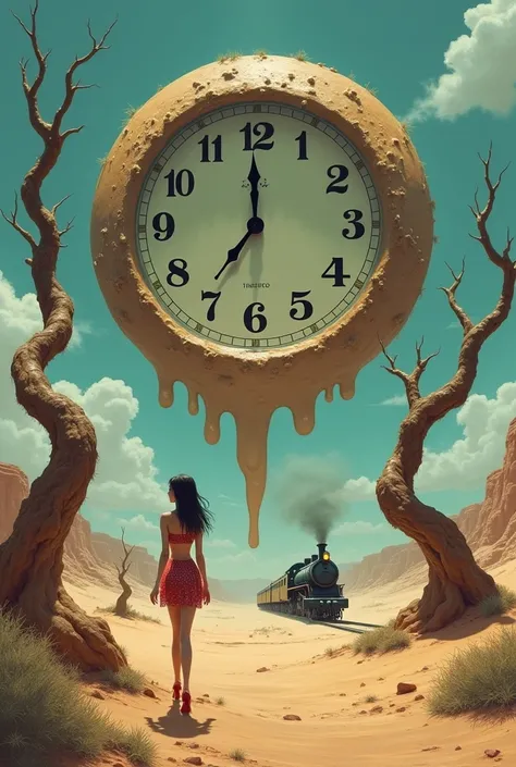 
Surrealism style: A giant clock melting over a desert landscape with strange, twisted trees, a beautiful woman in short sexy dress waits for a steam train