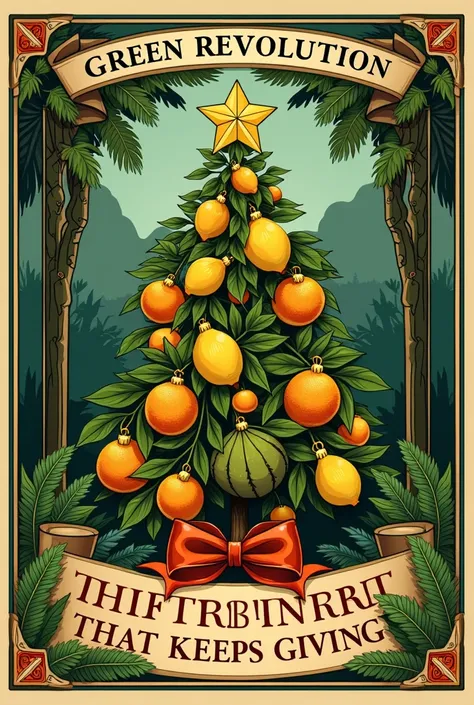 Create a vintage art nouveau style advertisement poster with a tropical Christmas theme featuring tropical fruit trees and fruit like orange,mango, lemon, jackfruit and coconut. The poster has 2 banners one at the top stating "Green Revolution Jamaica Ltd ...