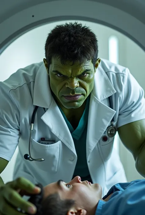 hulk,  dressed as a doctor , Serious , performing nuclear medicine, on a patient with a machine 