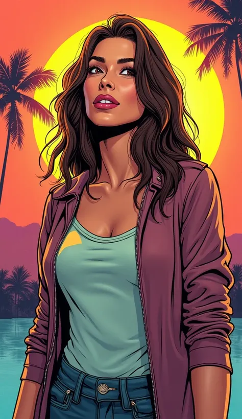 DISCREET image. with discreet casual clothes. image adult woman, american, comic book style. DISTRACTED. with a discreet smile. She is a Libra sign, IMAGES WITH VIBRANT COLORS.