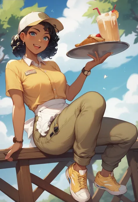 A young teen girl with deep dark skin and shoulder length curly black hair wearing a white apron and a white baseball cap and a yellow t-shirt and beige cargo shirts and yellow sneakers and smiling softly she has one hand in the air and one on her hip abd ...