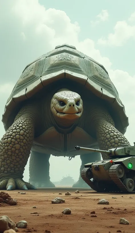 " Create an impressive scene with a majestic turtle and a futuristic war tank facing each other ,  highlighting the contrast between natural force and military power .  The turtle must be large and stately ,  with a sturdy shell covered in plates Licas e M...