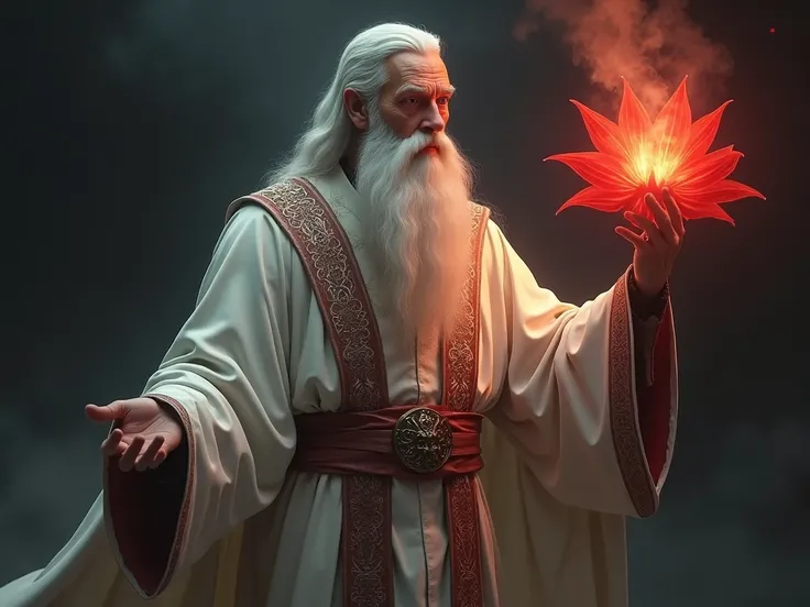 An elderly man in white clothes , cantor,  holding a burning red flower. dark background, sombrio, fighting game, personagem de fighting game, mortal kombat