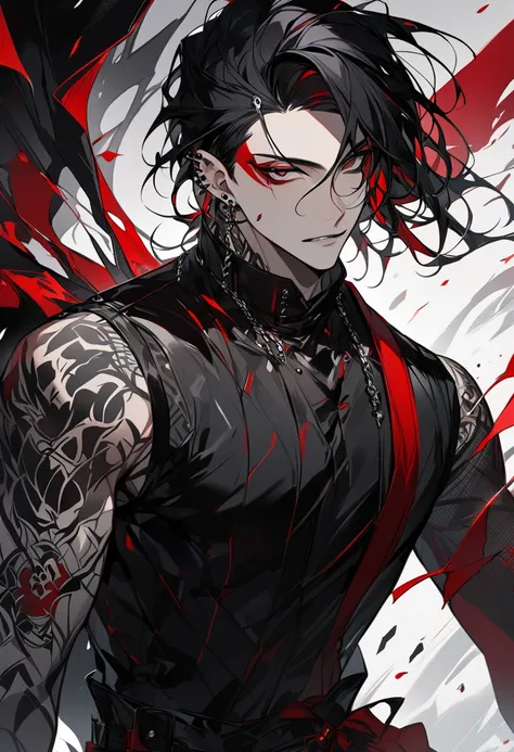  Black-haired male character,  with white and red highlights .  He has a dark posture ,  a dangerous man . But handsome .  With piercings and tattoos .