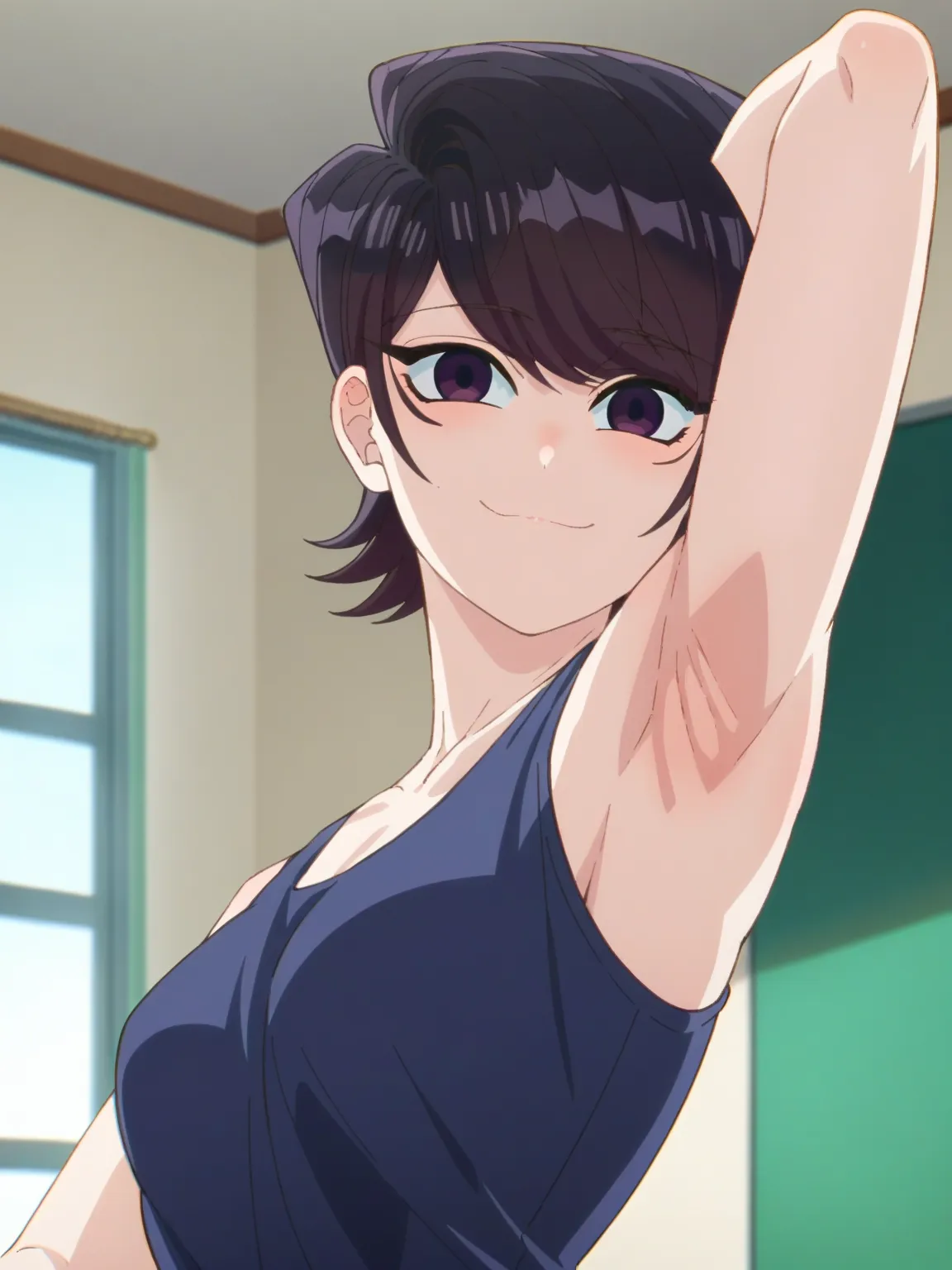 score_9, score_8_up, score_7_up, source_anime, anime screencap, 1girl, solo, indoors, day, komi shouko, purple eyes, black hair,...