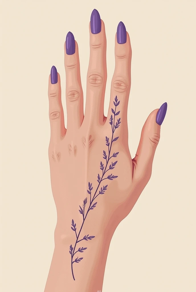 Create an hyper minimalist tattoo of a branch with leaves on the middle finger of the left hand, perfect almond shaped fingernails, purple nail polish, Anatomically Correct, High Details, Accurate, Masterpiece, 2d art,  illustration