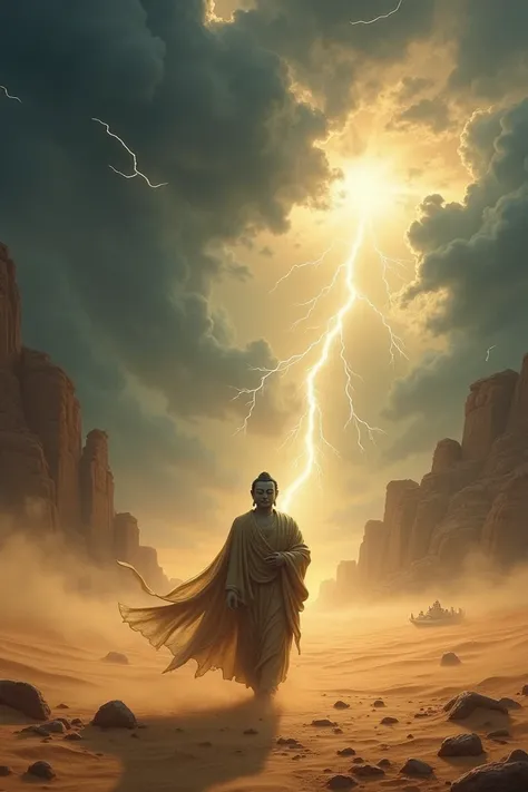 Buddha walking in the dessert with strom around