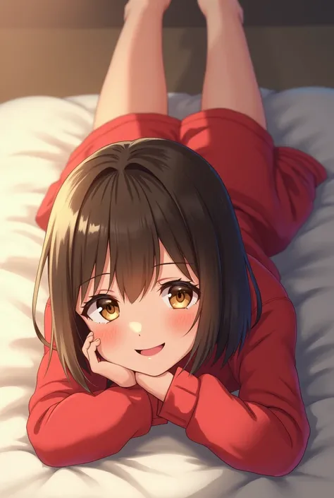 Beautiful girl smiling with short straight hair, dressed in red,  lying face down on a bed , While in the back you can see the soles of his feet