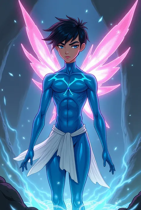  A dark-haired boy with blue eyes who is about 20 years old .  He wears a blue body with pink and turquoise reflections ,  a white draped skirt and the enchantix wings of bloom  (Winx club). His physique is stylized and fibrous . Its a waterbender and I wa...