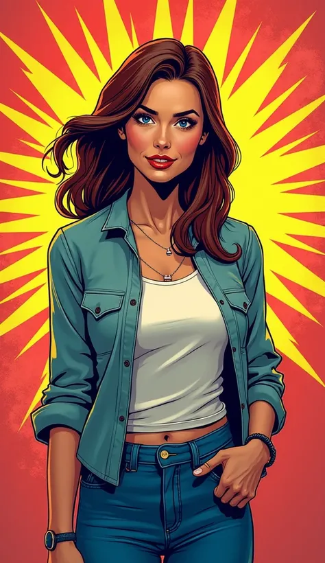 DISCREET image. with discreet casual clothes. image adult woman, american, comic book style. DISTRACTED. with a discreet smile. She is a Libra sign, IMAGES WITH VIBRANT COLORS.