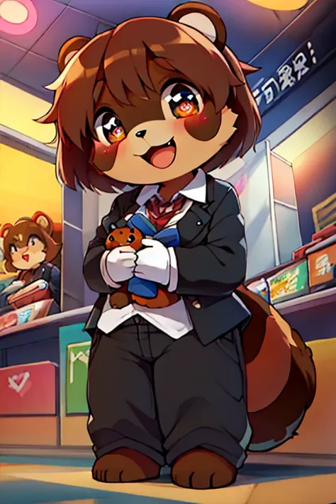 girl, tanuki, furry, bodyfur, tail, school uniform, blazer, jersey pants, long pants, white gloves, barefoot, chibi, sparkling eyes, happy, full body, looking below, shopping mall