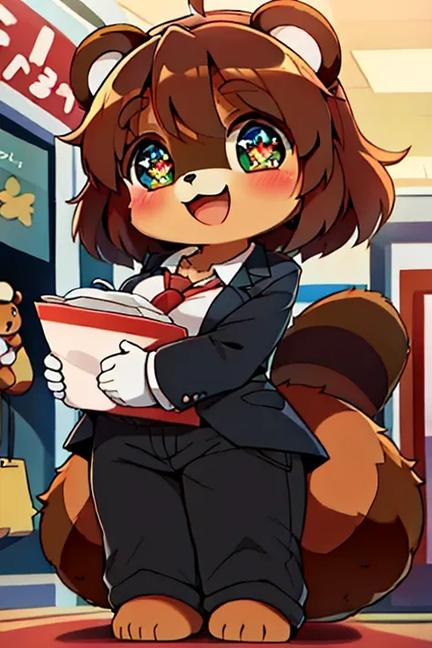 girl, tanuki, furry, bodyfur, tail, school uniform, blazer, jersey pants, long pants, white gloves, barefoot, chibi, sparkling eyes, happy, full body, looking below, shopping mall