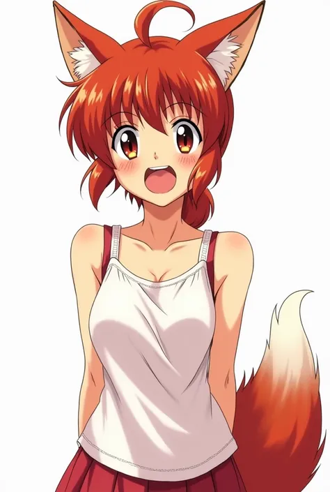 A full-body illustration of female Ranma from Ranma ½ in anime shonen style, with fox ears and a fluffy fox tail added to her character design. She is making an exaggerated ahegao expression, with her tongue sticking out, eyes rolled upwards, and cheeks he...