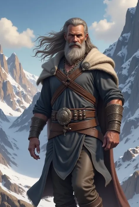 Digital artwork featuring a rugged, bearded man with long, flowing hair set against a dramatic mountainous landscape. The man has a strong jawline, piercing eyes, and a weathered complexion, suggesting a life of adventure. He wears a dark tunic with intric...