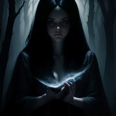 Face of a mysterious-looking woman in dark tones,  with long black hair and bright eyes , surrounded by supernatural elements . Around you,  an ethereal mist mixes with ghostly shapes ,  like translucent silhouettes and ghostly hands emerging from nowhere....