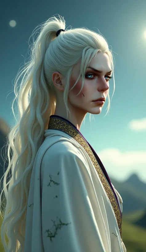 reference character standing in a sunlight landscape, (best quality, 4k, 8k, highres, masterpiece:1.2), ultra-detailed, (realistic, photorealistic, photo-realistic:1.37), detailed facial features, pale white skin, pale white hair, ponytail hair, pale white...