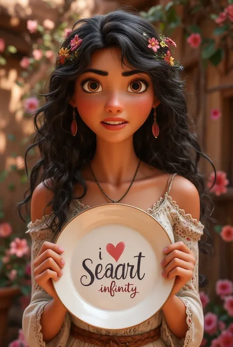  Beautiful girl with long wavy hair, bohemian dress,  holding a white plate with the text  "I Love Seaart Infinity" and showing her to the spectator 