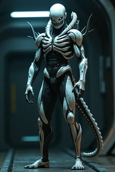 A man standing tall in a futuristic, dimly-lit chamber, his body almost entirely enveloped in an eerily organic xenomorph bio-flesh exoskeleton. The exoskeleton, a grotesque yet fascinating blend of alien technology and biological horror, clings to his fra...