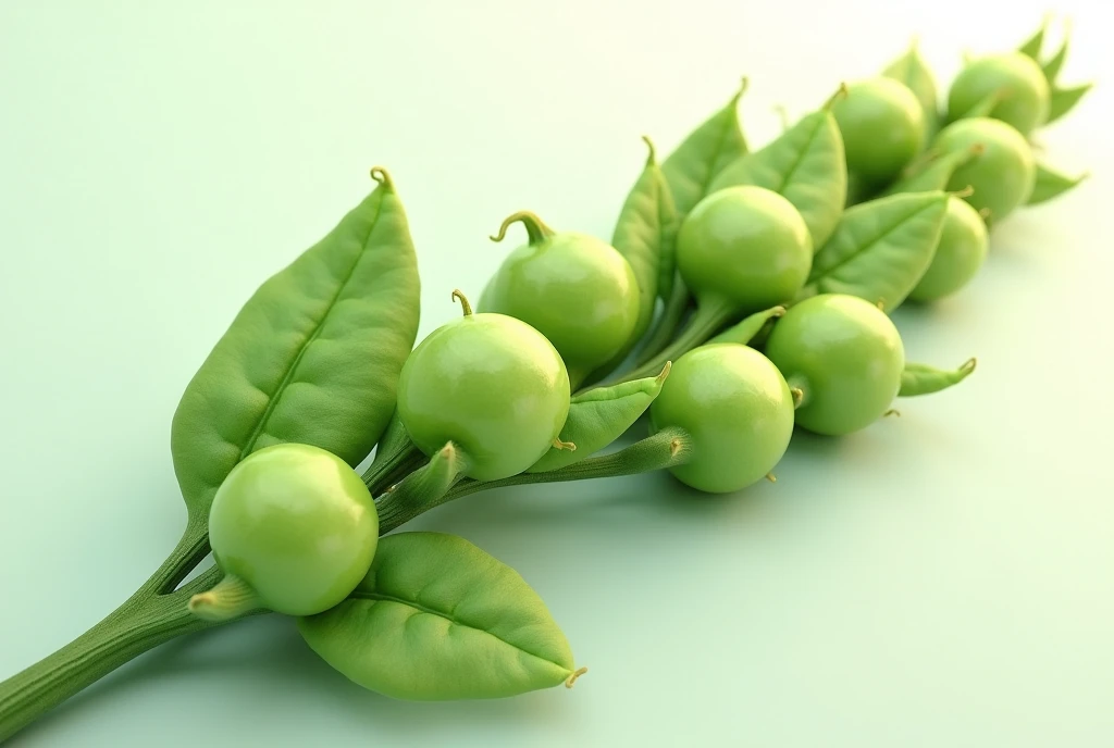 Green soybean branch with slightly curved seeds 